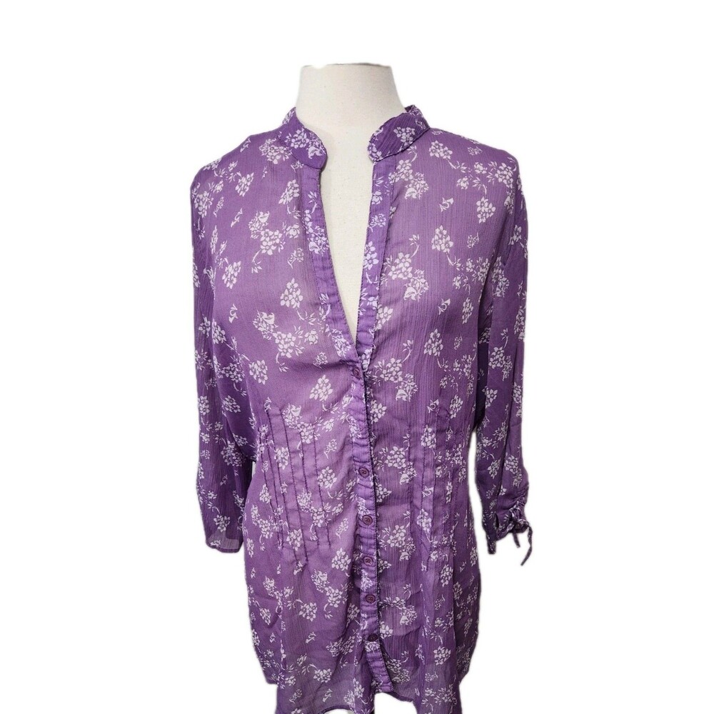 Woman Top Blouse 22/24 Purple Floral SemiSheer Button Pintucks Back Tie CHIFFON
